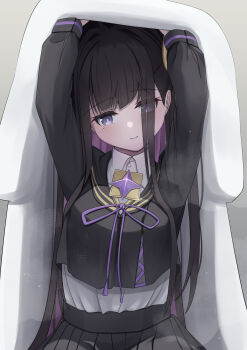 1girl absurdres ahoge black_sailor_collar black_shirt black_skirt blush breasts chitose_(stella_sora) commentary_request highres large_breasts layered_shirt light_smile looking_at_viewer pleated_skirt purple_eyes purple_hair sailor_collar shirt side_ponytail skirt smile solo stella_sora under_covers user_gjtu7855 white_shirt