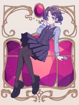 Rule 34 | 1girl, absurdres, black pantyhose, black shoes, black skirt, black vest, blush, brown eyes, brown hair, buttons, closed mouth, commentary, commission, dot nose, full body, hand up, highres, long sleeves, looking at viewer, necktie, original, pantyhose, parted bangs, pleated skirt, polka dot necktie, red necktie, ruru (rurumagi), shirt, shoes, short hair, skeb commission, skirt, smile, solo, striped clothes, striped shirt, twitter username, vertical-striped clothes, vertical-striped shirt, vest, white shirt