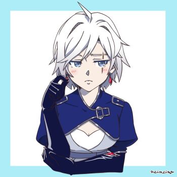 1girl ahoge alternate_hair_length alternate_hairstyle aqua_border blue_eyes blue_gloves blush border closed_mouth commentary cropped_torso earrings elbow_gloves english_commentary eyelashes gloves jewelry meimeimo_rwby rwby scar scar_across_eye scar_on_face short_hair signature simple_background solo weiss_schnee white_background white_hair