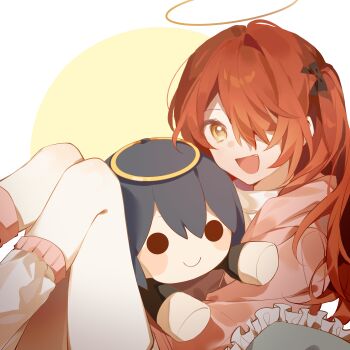 1girl :d absurdres alternate_costume alternate_hair_length alternate_hairstyle arknights ayster character_doll chinese_commentary commentary_request doll exusiai_(arknights) hair_over_one_eye halo highres holding holding_doll jacket knees_up long_hair looking_at_viewer mostima_(arknights) one_side_up open_mouth pink_jacket red_hair smile socks solo traditional_halo white_socks