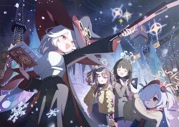 Rule 34 | 4girls, bag, beret, black jacket, black scarf, black skirt, blonde hair, blue archive, bolt action, breasts, brown coat, brown hair, carcano, castle, closed eyes, coat, commentary request, earrings, eri (blue archive), fence, gun, hair ornament, hair over one eye, halo, hat, higashigure, highres, holding, holding bag, holding gun, holding gun barrel, holding weapon, jacket, jewelry, kanoe (blue archive), large breasts, long sleeves, looking at another, looking to the side, multicolored hair, multiple girls, night, open mouth, red scarf, rena (blue archive), rifle, scarf, shirt, skirt, smile, snow, sparkle, striped clothes, sweatdrop, sweater, transmission tower, tsumugi (blue archive), two side up, underboob, vertical-striped clothes, weapon, white shirt, white sweater, wide sleeves, witch hat, x hair ornament, yellow coat, yellow eyes, yellow halo