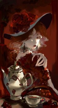 Rule 34 | 1girl, aegyo sal, collar, cup, dress, earrings, flower, hand on own shoulder, hat, highres, jewelry, long hair, looking at viewer, looking back, original, red dress, red eyes, red flower, red hair, red lips, red nails, red rose, rose, sidelighting, sitting, solo, teacup, teapot, upper body, waffle820