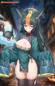 1girl absurdres alternate_costume animal_ear_fluff animal_ears aqua_dress artist_name averting_eyes black_hair black_thighhighs blue_fire blush braid breasts bright_pupils cleavage cleavage_cutout closed_mouth clothing_cutout day dress fire fox_ears halloween highres hoshimi_miyabi jack-o&#039;-lantern jiangshi_costume large_breasts long_hair long_sleeves looking_to_the_side miko_no_kamiko no_panties outdoors pelvic_curtain pumpkin red_eyes red_ribbon ribbon signature skindentation sleeves_past_fingers sleeves_past_wrists solo_focus spirit tailless_(zenless_zone_zero) thighhighs twitter_username very_long_hair zenless_zone_zero