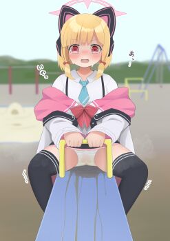 1girl absurdres animal_ear_headphones animal_ears black_skirt black_thighhighs blonde_hair blue_archive blue_necktie blush bow cat_ear_headphones cat_ears crotch_seam embarrassed fake_animal_ears flat_chest hair_bow headphones highres jacket loli long_sleeves looking_down momoi_(blue_archive) necktie off-shoulder_jacket off_shoulder open_clothes open_jacket open_mouth osippotail panties peeing peeing_self playground puddle red_bow red_eyes sand sand_castle sand_sculpture sandbox school_uniform seesaw shirt short_hair skirt sky spread_legs suspender_skirt suspenders swing swing_set tears thighhighs underwear wet wet_clothes wet_panties white_jacket white_panties white_shirt
