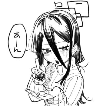 1girl asahina_yoshitoshi blue_archive blush greyscale hair_between_eyes halo holding holding_spoon kei_(blue_archive) long_hair long_sleeves looking_at_viewer monochrome open_mouth rectangular_halo solo speech_bubble spoon sweater upper_body