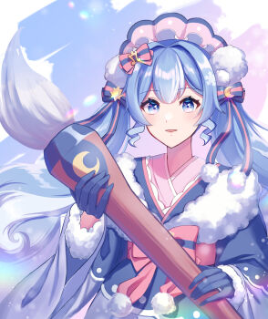 1girl absurdres blue_bow blue_eyes blue_gloves blue_hair blue_kimono bonnet bow commentary crescent gloves hair_bow hashiba_(haruo_shiba) hatsune_miku highres holding holding_paintbrush japanese_clothes kimono long_hair looking_at_viewer paintbrush pink_bow pom_pom_(clothes) snowflakes solo striped_bow sun twintails very_long_hair vocaloid yuki_miku yuki_miku_(2023)