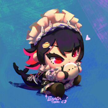 1girl absurdres black_hair blue_background chibi colored_inner_hair doll ellen_joe enagatori_38 fins fish_tail full_body hair_ornament hashtag-only_commentary heart highres holding maid maid_headdress mole mole_under_eye multicolored_hair red_eyes red_hair shark_tail sitting solo tail zenless_zone_zero
