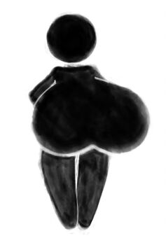 1girl 2b-ge bald black_skin breasts colored_skin female_focus full_body gigantic_breasts monochrome original solo standing symbol what