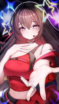 1girl absurdres breasts brown_hair character_name closed_mouth collarbone commentary earpiece english_commentary english_text goddess_of_victory:_nikke headset highres idol idol_clothes jewelry jiyamig long_hair multiple_rings navel official_alternate_costume outstretched_hand pink_eyes pretty_(nikke) ring smile solo star_(symbol) upper_body
