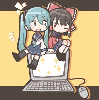 2girls alternate_costume aqua_hair aqua_necktie blue_skirt bow brown_hair chibi chibi_only closed_mouth commentary computer computer_mouse contemporary crossover frilled_bow frilled_hair_tubes frills hair_bow hair_tubes hakurei_reimu hatsune_miku heart heart_in_mouth help_me_erinnnnnn!! henyomen highres laptop long_hair multiple_girls neck_ribbon necktie one_eye_closed open_mouth pleated_skirt red_bow ribbon school_uniform shirt shoes sitting skirt smile socks touhou twintails vocaloid white_shirt white_socks