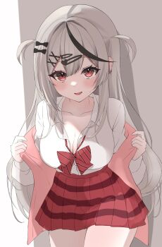 1girl black_bow black_streaks bow bowtie breasts cleavage collared_shirt commentary_request cowboy_shot earrings grey_background grey_hair gyaru hair_bow hair_ornament hairclip heart heart_hair_ornament highres hololive hoop_earrings jacket jewelry kogal large_breasts leaning_forward long_hair looking_at_viewer miniskirt multicolored_hair open_mouth pink_jacket pleated_skirt red_bow red_bowtie red_eyes red_skirt sakamata_chloe sakamata_chloe_(gyarumata) school_uniform shinonome_shino_(artist) shirt skirt smile solo streaked_hair two_side_up undressing very_long_hair virtual_youtuber white_background white_shirt x_hair_ornament