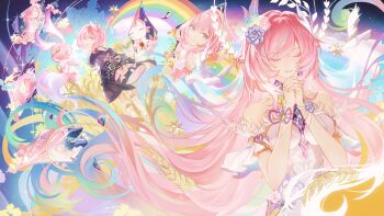 2girls absurdres aqua_hair bare_shoulders blue_eyes breasts chinese_commentary commentary_request crystal_shards cyrene_(aedes_elysiae)_(honkai:_star_rail) cyrene_(honkai:_star_rail) cyrene_(ripples_of_past_reverie)_(honkai:_star_rail) dress dual_persona earrings flower hair_flower hair_ornament halo highres hoki11 honkai:_star_rail honkai_(series) jewelry large_breasts long_hair mem_(honkai:_star_rail) multicolored_hair multiple_girls pink_hair pointy_ears praying rainbow very_long_hair wheat white_dress white_hair