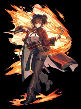 Rule 34 | 1girl, 1other, bead necklace, beads, black background, black boots, black hair, black pants, black sash, black shoes, boots, chinese clothes, chinese commentary, coat, coin, coin on string, commentary, crossed bangs, double bun, earrings, fiery background, fire, full body, hair between eyes, hair bun, highres, holed coin, holstered, jade (gemstone), jewelry, jian (weapon), necklace, ofuda, open clothes, open coat, original, pants, red coat, red eyes, sash, shirt, shoes, solo focus, tachi-e, wangmou zilaojuan, white shirt, wuxia