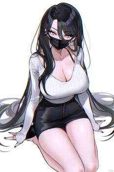 Rule 34 | 1girl, absurdres, black hair, black mask, black nails, black skirt, breasts, cleavage, commentary request, earrings, hair between eyes, haze (7h4ze), highres, jewelry, large breasts, long hair, looking at viewer, low neckline, mask, miniskirt, mixed-language commentary, mouth mask, original, pencil skirt, seiza, single earring, sitting, skirt, solo, sweater, very long hair, white eyes, white sweater