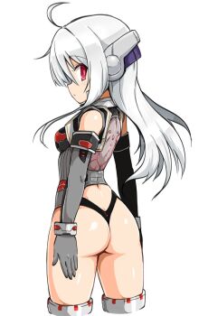 1girl ahoge android armor armored_corset ass black_armor commentary corset dem_(eco) elbow_gloves emil_chronicle_online empty_eyes from_side gloves grey_corset grey_gloves highleg highleg_panties highres huyusilver long_hair looking_at_viewer panties red_eyes robot_ears solo standing underwear untranslatable_commentary white_background white_hair