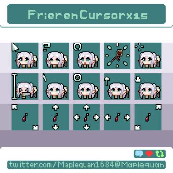 >_< 1girl ? angry animated animated_gif aqua_eyes blinking bouncing bouncing_hair buffering cursor cursor_(medium) earrings frieren glaring grid head_steam highres jewelry like_and_retweet loading_icon mage_staff maplequan multiple_views pixel_art pixel_text sidelocks sousou_no_frieren staff twintails watermark web_address