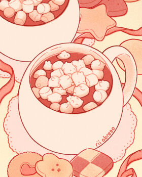 animal animal-themed_food brown_eyes brown_theme coffee_mug commentary cookie cup dessert downscaled drink english_commentary faux_traditional_media food food_focus halftone highres hot_chocolate marshmallow minimized monochrome mug no_humans no_mouth original paid_reward_available rabbit resized rii_abrego saucer signature simple_background solid_circle_eyes sweets undersized_animal white_fur white_rabbit_(animal) yellow_background