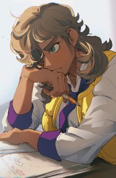 1boy arven_(pokemon) closed_mouth commentary_request eyelashes from_side frown green_eyes hair_over_one_eye highres holding long_hair looking_down male_focus necktie nintendo open_clothes open_vest pokemon pokemon_sv purple_necktie shirt solo three-quarter_sleeves thxzmgn vest white_background white_shirt yellow_vest