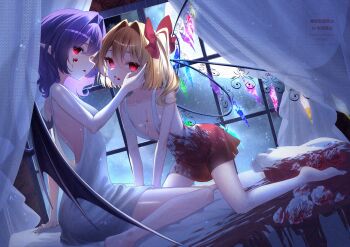 2girls adversarial_noise after_kiss alternate_wings arm_support artist_name back backless_dress backless_outfit backlighting bare_arms bare_legs bare_shoulders barefoot bat_wings bed black_wings blonde_hair blood blood_from_mouth blood_on_bed blood_on_clothes blood_on_face blood_on_flower blood_stain blood_trail borrowed_design bow breasts canopy_bed cleavage closed_mouth commentary_request cowboy crystal_wings curtains downblouse dress emosk expressionless flandre_scarlet flower full_moon glowing glowing_eyes hair_bow hair_intakes hand_on_another&#039;s_cheek hand_on_another&#039;s_face highres incest indoors kneeling looking_at_viewer medium_hair moon multiple_girls muntins night night_sky on_bed parted_lips pillow plunging_neckline pointy_ears profile purple_hair red_bow red_eyes remilia_scarlet rose saliva saliva_trail short_dress short_hair siblings side_ponytail silver_forest sisters sitting sky sleeveless sleeveless_dress small_breasts soles spread_legs star_(sky) starry_sky toes touhou vampire wariza watermark western white_dress white_flower white_rose window wings yuri