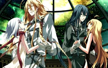 10s 2boys 2girls ahoge dies_irae edited_official_artwork game_cg gloves highres himuro_rea marie_(dies_irae) mercurius_(dies_irae) military military_uniform multiple_boys multiple_girls reinhard_tristan_eugen_heydrich shinza_bansho_series skylight third-party_edit