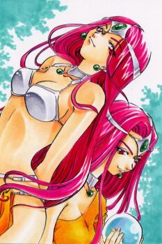 2girls armor asymmetrical_dress bikini_armor breasts circlet cleavage commentary_request crystal_ball dark-skinned_female dark_skin dragon_quest dragon_quest_iv dress earrings forehead_jewel gem green_gem hands_up holding holding_orb jewelry long_hair long_sleeves looking_at_viewer manya_(dq4) medium_breasts metal_bikini metal_bra minea_(dq4) multiple_girls neck_ring nekomaru_(nekohouse) orange_dress orb outdoors pelvic_curtain purple_eyes purple_hair siblings silver_circlet single_bare_shoulder single_sleeve sisters smile sphere_earrings upper_body