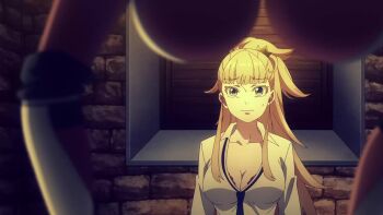 2girls animated blonde_hair blue_eyes blurry blurry_foreground bouncing_breasts breasts cleavage collarbone dark-skinned_female dark_skin granat_needakitta hanging_breasts jiggle kekkon_yubiwa_monogatari large_breasts long_hair multiple_girls nonaka_himeno underboob video view_between_breasts