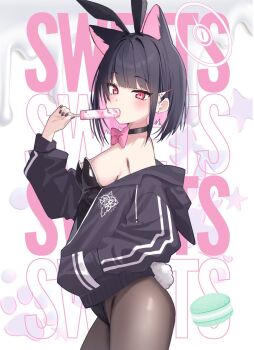 1girl animal_ears black_choker black_hair black_jacket black_leotard black_nails black_pantyhose blue_archive blush candy cat_ears choker colored_inner_animal_ears colored_inner_hair commentary_request cowboy_shot english_text extra_ears fake_animal_ears fake_tail fingernails food food_in_mouth from_side hair_ornament hairclip halo hands_in_pockets highres holding holding_candy holding_food jacket kazusa_(blue_archive) leotard long_fingernails long_sleeves looking_at_viewer macaron multicolored_hair pantyhose photoshop_(medium) pink_hair pink_halo playboy_bunny puffy_long_sleeves puffy_sleeves rabbit_ears rabbit_tail saeki_sora short_hair solo standing strapless strapless_leotard tail text_background two-tone_hair