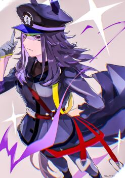 1girl animal_ears black_hair black_jacket black_shirt closed_mouth ears_through_headwear fenomeno_(black_flames_of_the_righteous_spirit)_(umamusume) fenomeno_(umamusume) flipped_hair gloves hat highres horse_ears horse_girl horse_tail horseshoe_hat_ornament horseshoe_ornament jacket long_hair long_sleeves multicolored_hair pants peaked_cap purple_eyes purple_hair quro914803 shirt simple_background star_(symbol) tail umamusume white_gloves