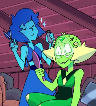 blonde_hair blue_hair blue_skin colored_skin cutting_another&#039;s_hair cutting_hair discount-supervillain face_shield forehead_jewel gem gem_(steven_universe) hair_clipper holding holding_scissors homeworld_gem_uniform lapis_lazuli_(steven_universe) peridot_(steven_universe) scissors shaved_head short_hair smile steven_universe