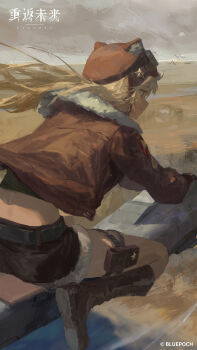 1girl absurdres animal_ear_headwear aviator_cap blonde_hair blue_eyes boots broom broom_riding brown_boots brown_hat brown_jacket brown_shorts copyright_name copyright_notice fake_animal_ears floating_hair from_above from_behind full_body goggles goggles_on_headwear grey_sky grin hat highres horizon jacket lilya_(reverse:1999) logo long_hair mechanical_broom midriff official_art official_wallpaper outdoors pouch profile reverse:1999 shorts sky smile solo steppe thigh_pouch