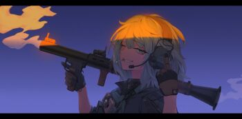 1girl black_shirt blue_background blue_eyes brown_gloves bulletproof_vest cable cigarette clenched_teeth combat_shirt gloves headset highres holding holding_weapon looking_at_viewer looking_to_the_side magazine_(weapon) medium_hair messy_hair microphone middle_finger military morale_patch one_eye_closed original paperboathat patch radio raised_eyebrow rocket_launcher rpg rpg-7 rpg_(weapon) shark shirt simple_background smile smoke smoking tactical_clothes teeth trigger_discipline upper_body weapon white_hair