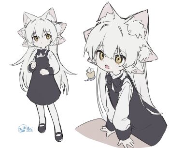 1girl :&lt; black_bow black_bowtie black_shoes bow bowtie dodonpa_tuyoi dress fangs flat_color food highres leaning_forward long_hair long_sleeves mary_janes multiple_animal_ears open_mouth original pantyhose pinafore_dress shirt shoes simple_background sleeveless sleeveless_dress solo white_background white_hair white_pantyhose white_shirt yellow_eyes