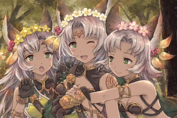 3girls :o ;d animal_ear_fluff animal_ears animal_hands bare_shoulders black_gloves blush breasts cleavage closed_mouth commentary_request dark-skinned_female dark_skin day erune facial_mark felluca flower forehead_mark forest fur-trimmed_gloves fur_trim gloves granblue_fantasy green_eyes grey_hair hair_flower hair_ornament long_hair melleau multiple_girls nature nemone one_eye_closed open_mouth outdoors parted_bangs paw_gloves pink_flower siblings sisters small_breasts smile tree upper_body white_flower yakka yellow_flower