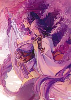 2girls arm_up armor back_bow behind_another blunt_bangs bow braid breasts bridal_gauntlets cherry_blossoms cleavage commentary drawing_sword electricity english_commentary floating flower from_side genshin_impact glowing glowing_sword glowing_weapon highres holding holding_sword holding_umbrella holding_weapon huge_breasts human_scabbard japanese_clothes kimono leaning_back leaning_forward leaning_on_person lingerie long_braid long_hair long_sleeves makoto_(genshin_impact) mitsudomoe_(shape) multiple_girls musou_isshin_(genshin_impact) neck_ribbon oil-paper_umbrella outdoors pink_background purple_eyes purple_hair purple_kimono purple_thighhighs raiden_shogun red_ribbon red_sash ribbon sash shade shoulder_armor siblings sinfulzany single_braid sisters sword sword_between_breasts thighhighs tomoe_(symbol) twins umbrella underwear upper_body weapon wide_sleeves wisteria
