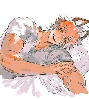 Rule 34 | 1boy, animal ear fluff, animal ear piercing, animal ears, black hair, brown eyes, collarbone, commentary request, crew neck, ear piercing, earrings, facial scar, hand on own arm, jewelry, komano manato, looking at viewer, lowres, lying, male focus, multicolored hair, nekokawaii1853, on side, open mouth, outstretched arm, piercing, red hair, scar, scar on arm, scar on cheek, scar on face, shirt, short hair, short sleeves, signature, smile, solo, t-shirt, teeth, two-tone hair, upper body, upper teeth only, white background, white shirt, wolf boy, wolf ears, zenless zone zero