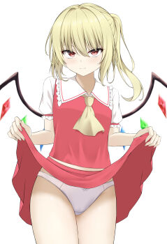 >:) 1girl absurdres ascot blush bow bow_panties closed_mouth clothes_lift commentary_request cowboy_shot crystal_wings eyelashes eyes_visible_through_hair flandre_scarlet frilled_shirt_collar frilled_sleeves frills hair_between_eyes hair_intakes highres lifting_own_clothes looking_at_viewer medium_hair midriff_peek miniskirt no_headwear paid_reward_available panties puffy_short_sleeves puffy_sleeves red_eyes red_skirt red_vest shirt short_sleeves side_ponytail sidelocks simple_background skirt skirt_lift smile solo split_mouth szl touhou tsurime underwear upturned_eyes v-shaped_eyebrows vest white_background white_panties white_shirt wings yellow_ascot