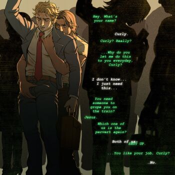 absurdres alternate_costume alternate_universe anya_(mouthwashing) blonde_hair blush brown_hair bulge chikan curly_(mouthwashing) curly_(pre-crash)_(mouthwashing) daisuke_(mouthwashing) english_text erection erection_under_clothes groping highres jimmy_(mouthwashing) male_focus molestation mouthwashing necktie public_indecency ren_valentine silhouette swansea_(mouthwashing) yaoi