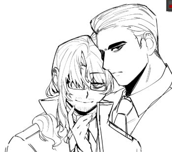 2boys absurdres bags_under_eyes beard_stubble closed_mouth coat collared_shirt expressionless facial_hair fingernails formal_clothes frown glaring glasses gregor_(project_moon) greyscale hair_between_eyes hair_over_one_eye hair_over_shoulder hair_slicked_back half-closed_eyes hand_on_own_chin hand_up height_difference high_collar highres jacket jitome limbus_company lineart long_hair long_sleeves looking_at_viewer looking_to_the_side low_ponytail male_focus meursault_(project_moon) monochrome multiple_boys necktie one_eye_covered parted_bangs photoshop_(medium) pointing pointing_at_self ponytail portrait profile project_moon sanpaku semi-rimless_eyewear serious shirt short_hair sidelocks simple_background sketch smile smirk smug stubble suit thick_eyebrows under-rim_eyewear upper_body vest white_background yaoi