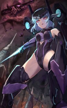 1girl absurdres android android_mk.99 blue_hair breasts burning cameltoe energy_sword gloved_handjob gloves guardian_tales hair_ornament handjob highres iver_(reviolet) leotard looking_at_another medium_breasts multicolored_eyes open_mouth short_hair sleeveless sword war weapon