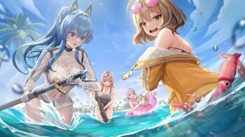 4girls ahoge alternate_costume anis_(nikke) anis_(sparkling_summer)_(nikke) aviator_sunglasses bare_shoulders bikini bikini_skirt bikini_under_clothes black_choker black_one-piece_swimsuit blue_eyes blue_hair blue_sky blush breasts brown_eyes brown_hair choker cleavage competition_swimsuit drawing_sword eyepatch_bikini eyewear_on_head front-tie_bikini_top front-tie_top gloves goddess_of_victory:_nikke goggles goggles_on_head grey_hair gun hair_ornament helm_(aqua_marine)_(nikke) helm_(nikke) high_heels highleg highleg_bikini highres holding holding_gun holding_swim_ring holding_sword holding_weapon innertube jacket large_breasts light_blue_hair long_hair long_sleeves looking_at_viewer looking_back multiple_girls neon_(blue_ocean)_(nikke) neon_(nikke) ocean official_alternate_costume official_art one-piece_swimsuit open_mouth orange_eyes outdoors partially_submerged pink-tinted_eyewear pink_skirt rapi_(classic_vacation)_(nikke) rapi_(nikke) sand see-through_clothes see-through_shirt shirt short_hair side-tie_bikini_bottom sitting skirt sky squid string_bikini sunglasses swim_goggles swim_ring swimsuit sword thigh_strap thighs tinted_eyewear towel two-tone_swimsuit weapon wet white_bikini white_gloves yellow_jacket