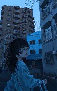Rule 34 | 1girl, :d, absurdres, bag, black hair, blue theme, building, city, cityscape, commentary request, highres, long hair, monochrome, open mouth, original, outdoors, plastic bag, sasakure (mogunonbi), sky, smile, solo, twilight