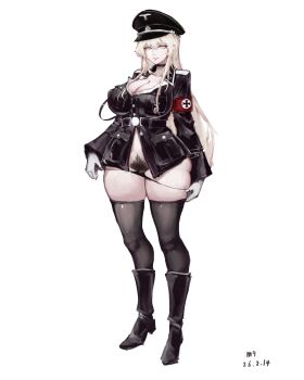 Rule 34 | 1girl, armband, belt, black boots, black hat, black jacket, black panties, black socks, blonde hair, blue eyes, boots, breasts, burety75200, cleavage, closed mouth, commission, epaulettes, full body, gloves, hat, highres, jacket, kneehighs, long hair, looking at viewer, military jacket, military uniform, nazi, original, panties, peaked cap, pubic hair, simple background, smile, socks, solo, striped clothes, striped panties, underwear, wehrmacht, white background, white gloves