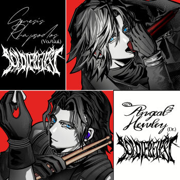 2boys angeal_hewley aqua_eyes arm_behind_head black_gloves black_hair black_shirt character_name closed_mouth crisis_core:_final_fantasy_vii drumsticks final_fantasy final_fantasy_vii genesis_rhapsodos gloves grose hair_between_eyes highres holding holding_drumsticks holding_microphone holding_plectrum looking_at_viewer male_focus microphone multiple_boys music parted_bangs pauld plectrum red_background shirt sideburns singing upper_body