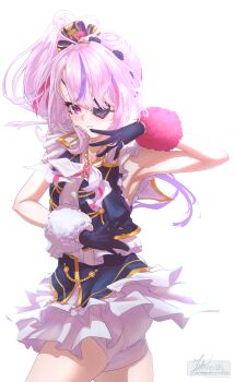 1girl absurdres ahoge armpits artist_name ass bike_shorts_under_skirt black_gloves blush cowboy_shot eyepatch gloves heart heart_ahoge highres long_hair maria_marionette multicolored_hair nijisanji nijisanji_en nijisanji_idol_uniform parted_lips pink_eyes pink_hair purple_hair rmnrzel side_ponytail simple_background solo streaked_hair white_background