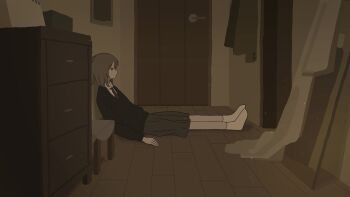 Rule 34 | 1girl, black sweater, chest of drawers, collared shirt, door, doorway, expressionless, from side, hallway, highres, hikousen11, indoors, light particles, medium hair, mirror, necktie, no mouth, on floor, original, profile, reflection, shirt, sitting, skirt, socks, solo, sweater, wooden floor