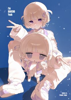 2girls :d bancho_(todoroki_hajime) blonde_hair blue_background blunt_bangs chibi choker commentary_request double_v dual_persona english_text full_body grin gyaru_v highres hololive hololive_dev_is humi_kaga jacket kneehighs looking_at_viewer loose_socks multicolored_hair multiple_girls open_mouth purple_eyes purple_hair shirt shoes short_hair shorts simple_background sitting smile sneakers socks streaked_hair todoroki_hajime todoroki_hajime_(1st_costume) two_side_up v virtual_youtuber white_choker white_jacket white_shirt white_shoes white_shorts white_socks