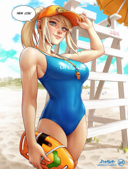 1girl baseball_cap beach beach_umbrella blonde_hair blue_eyes blue_one-piece_swimsuit blue_sky breasts chair closed_mouth cloud commentary day english_commentary english_text hand_on_headwear hat high_ponytail highres large_breasts lifebuoy lifeguard lifeguard_chair lips metroid mole mole_under_mouth nintendo one-piece_swimsuit orange_hat outdoors ponytail samus_aran sand sky smile solo speech_bubble suddakka swim_ring swimsuit umbrella whistle whistle_around_neck