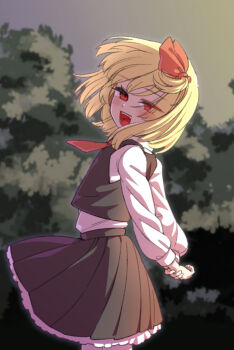 1girl arms_behind_back ascot black_skirt black_vest blonde_hair cowboy_shot eyes_visible_through_hair hair_ribbon hashtag-only_commentary medium_hair open_mouth outdoors own_hands_together petticoat pleated_skirt red_ascot red_ribbon ribbon rumia shamo_(koumakantv) shirt skirt smile solo teeth touhou upper_teeth_only vest white_shirt