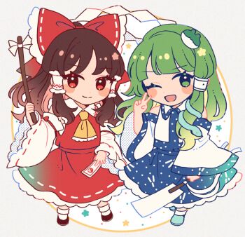 Rule 34 | 2girls, ascot, between fingers, blue skirt, bow, brown eyes, brown hair, commentary request, detached sleeves, frilled bow, frilled hair tubes, frills, frog hair ornament, gohei, green eyes, green hair, hair bow, hair ornament, hair tubes, hakurei reimu, holding, holding gohei, kochiya sanae, long hair, mozukuzu (manukedori), multiple girls, ofuda, ofuda between fingers, one eye closed, open mouth, red bow, red skirt, ribbon-trimmed sleeves, ribbon trim, single hair tube, skirt, skirt set, smile, snake hair ornament, touhou, v, yellow ascot