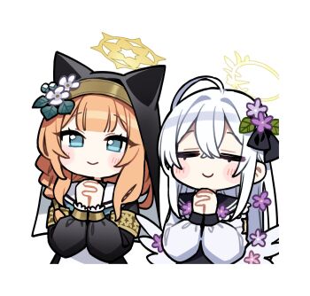2girls ahoge animal_ears azusa_(blue_archive) blonde_hair blue_archive blue_eyes blush chibi halo highres kurihara_sakura long_hair mari_(blue_archive) multiple_girls nun simple_background white_background white_hair yellow_halo